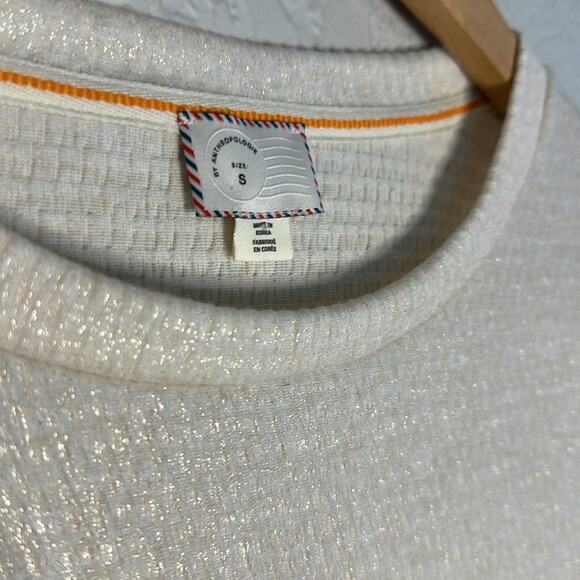 Anthropologie Postage Stamp Metallic Glitter Neutral Textured Top Short Sleeve - Picture 4 of 5